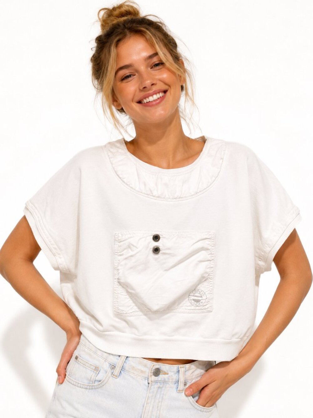 Vintage 80s Chinese Laundry White Cropped Sweatshirt Boxy Cotton Top